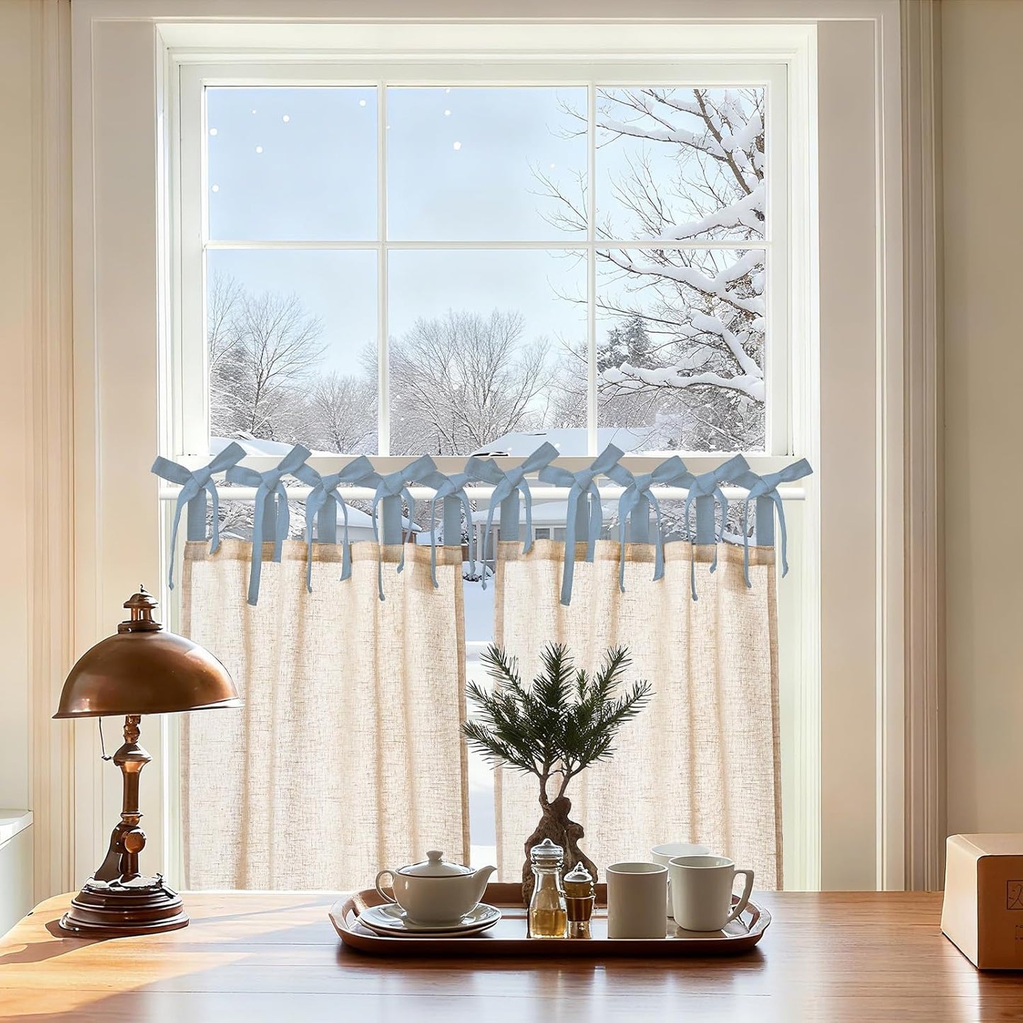 jinchan Floral Linen Tier Curtains 36 Inch Farmhouse Cafe Curtains Tie Top Botanic Drapes for Small Windows Over Sink for Kitchen Country Rustic Laundry Room Bathroom RV 2 Panels Black on Beige