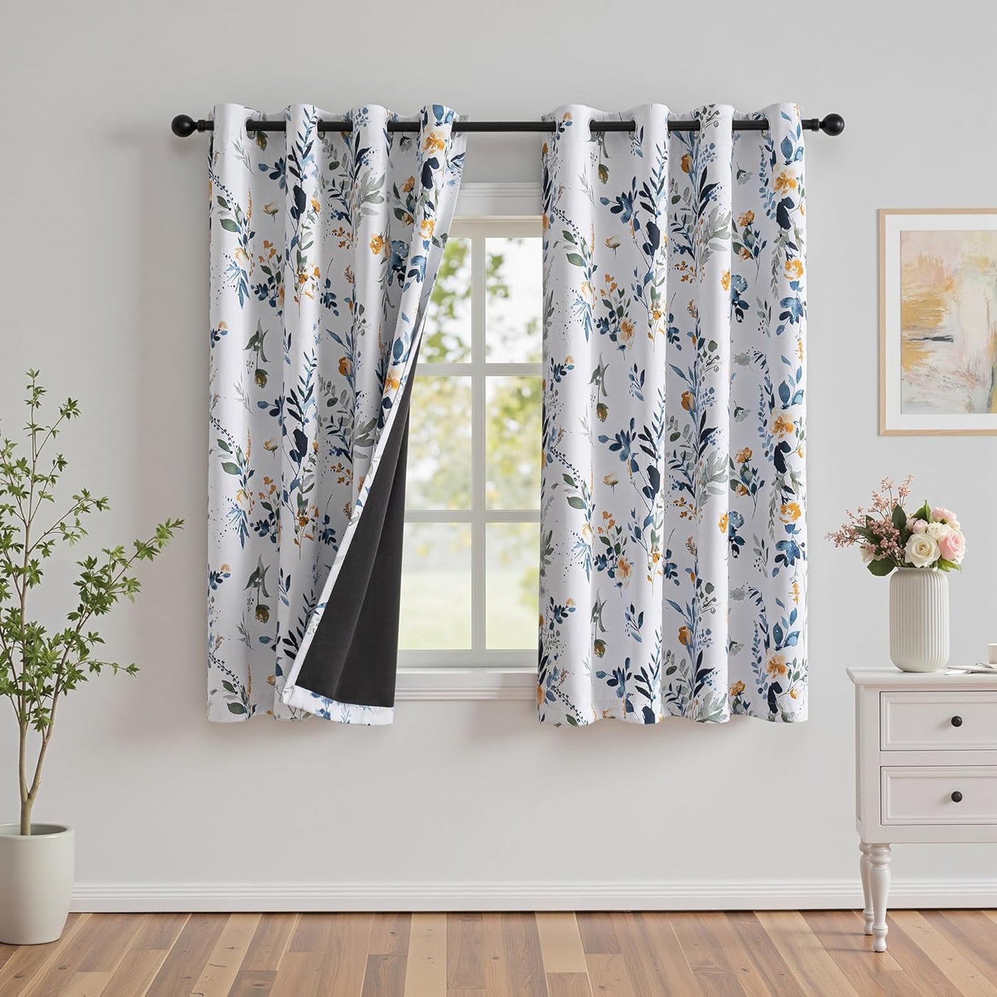 MYSKY HOME Kitchen Curtains 45 inch Length Floral Blackout Curtains Thermal Insulated Room Darkening Curtains Grommet Top 2 Panels for Bedroom Bathroom Dormer Window, Yellow and Blue