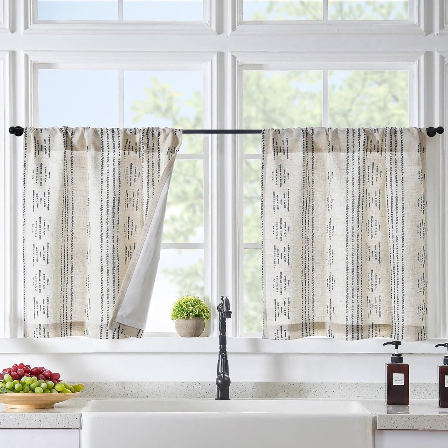 jinchan 95% Blackout Boho Kitchen Curtains 36 Inches Cafe Tier Curtains Bohemian Small Drapes for Bedroom RV Basement Half Window Room Darkening Thermal Insulated 2 Panels Blue on Beige