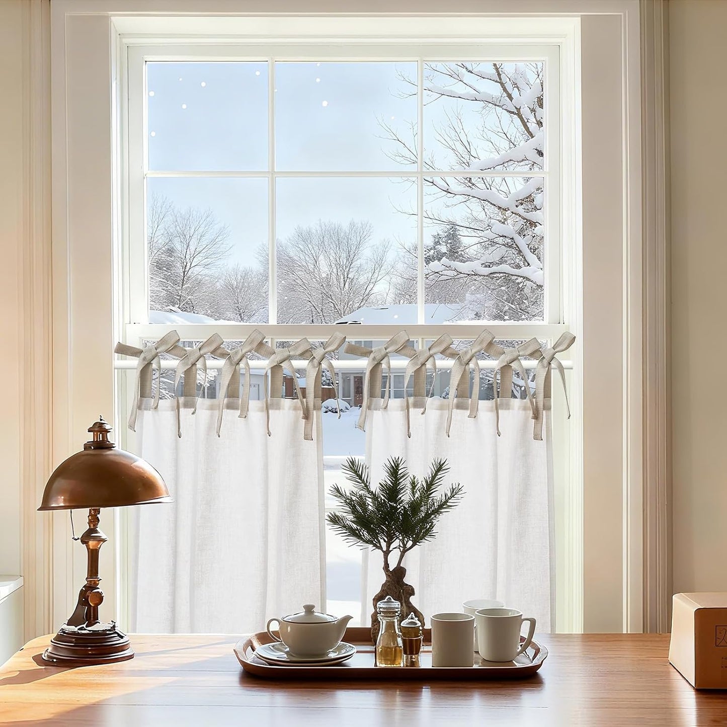 jinchan Floral Linen Tier Curtains 36 Inch Farmhouse Cafe Curtains Tie Top Botanic Drapes for Small Windows Over Sink for Kitchen Country Rustic Laundry Room Bathroom RV 2 Panels Black on Beige