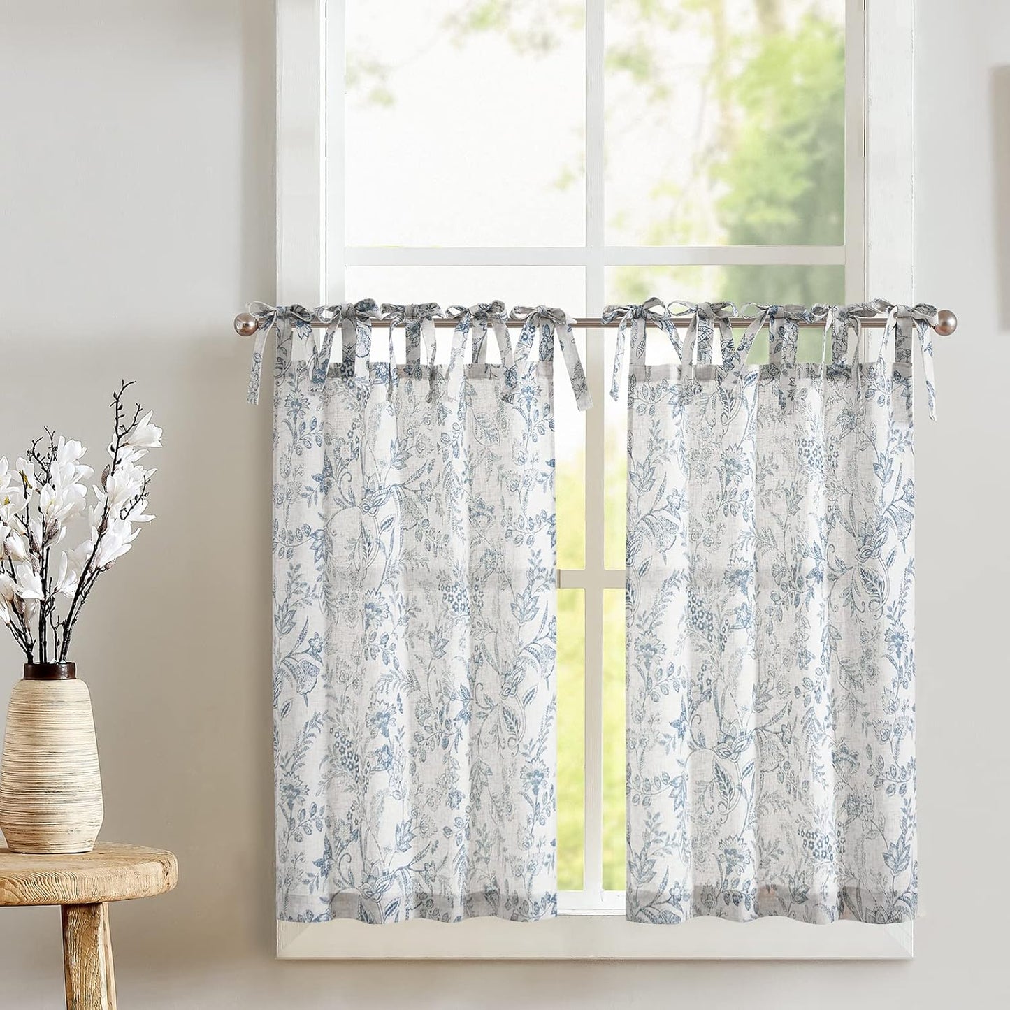 jinchan Floral Linen Tier Curtains 36 Inch Farmhouse Cafe Curtains Tie Top Botanic Drapes for Small Windows Over Sink for Kitchen Country Rustic Laundry Room Bathroom RV 2 Panels Black on Beige