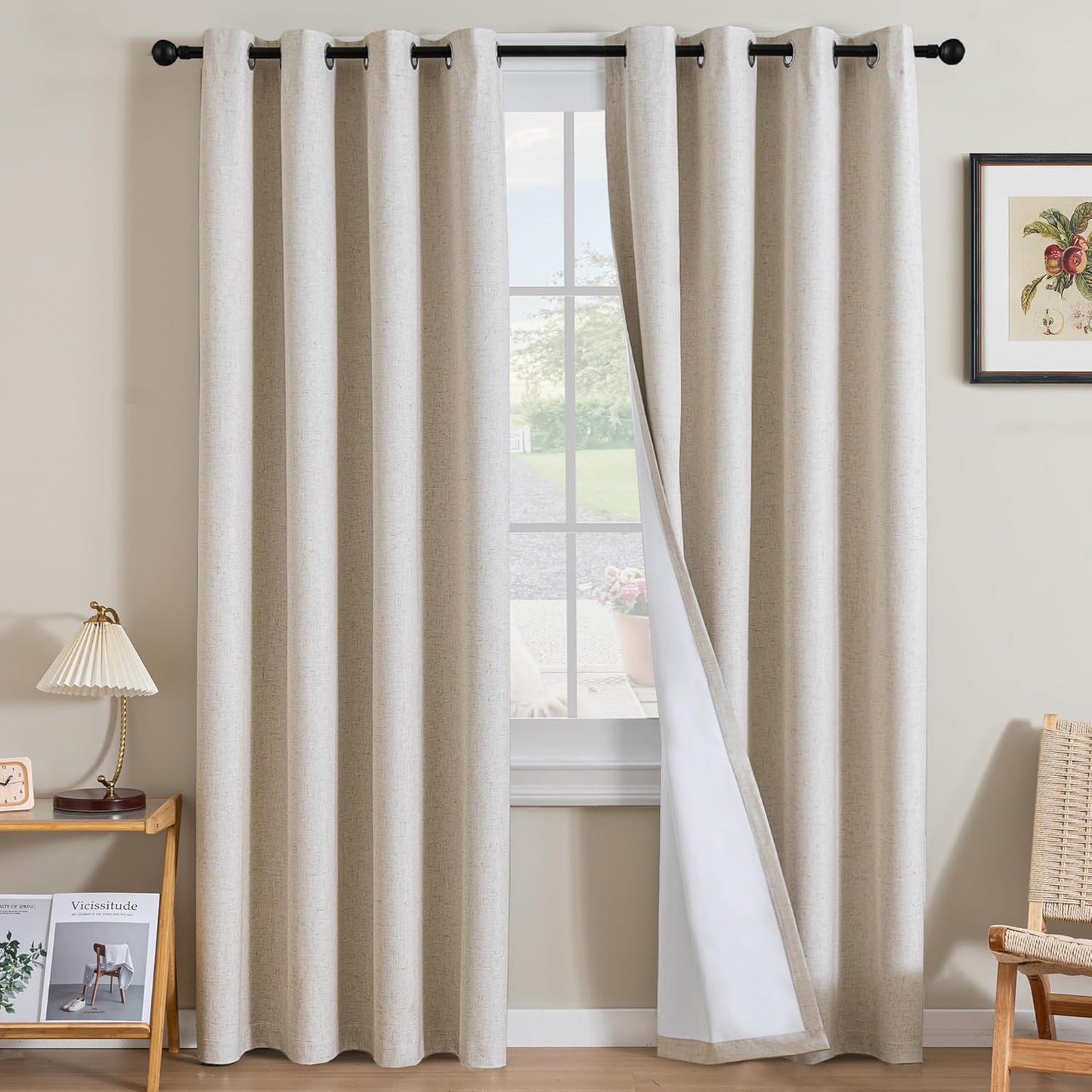 H.VERSAILTEX Linen Blackout Curtains 45 Inches Long 100% Blackout Thermal Insulated Textured Linen Look Curtain Draperies Anti-Rust Grommet, Energy Saving with White Liner, 2 Panels, Natural