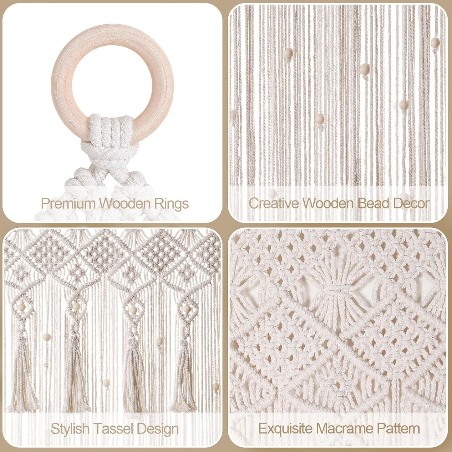 BECHAEO Boho Macrame Beaded Curtain Handmade Door String Curtain for Doorway Window Cotton Tassels Beads Hanging Hippie Room Divider Hallway Closet Bedroom Living Room Decor, 1 Panel 79" L x 35" W