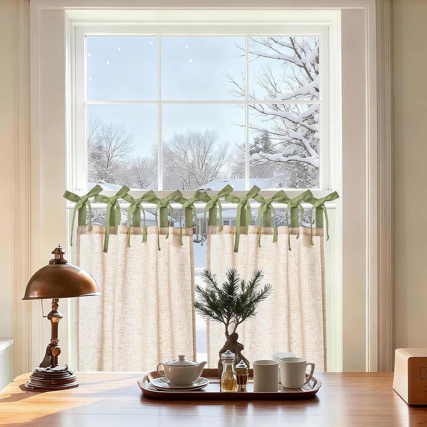 jinchan Floral Linen Tier Curtains 36 Inch Farmhouse Cafe Curtains Tie Top Botanic Drapes for Small Windows Over Sink for Kitchen Country Rustic Laundry Room Bathroom RV 2 Panels Black on Beige