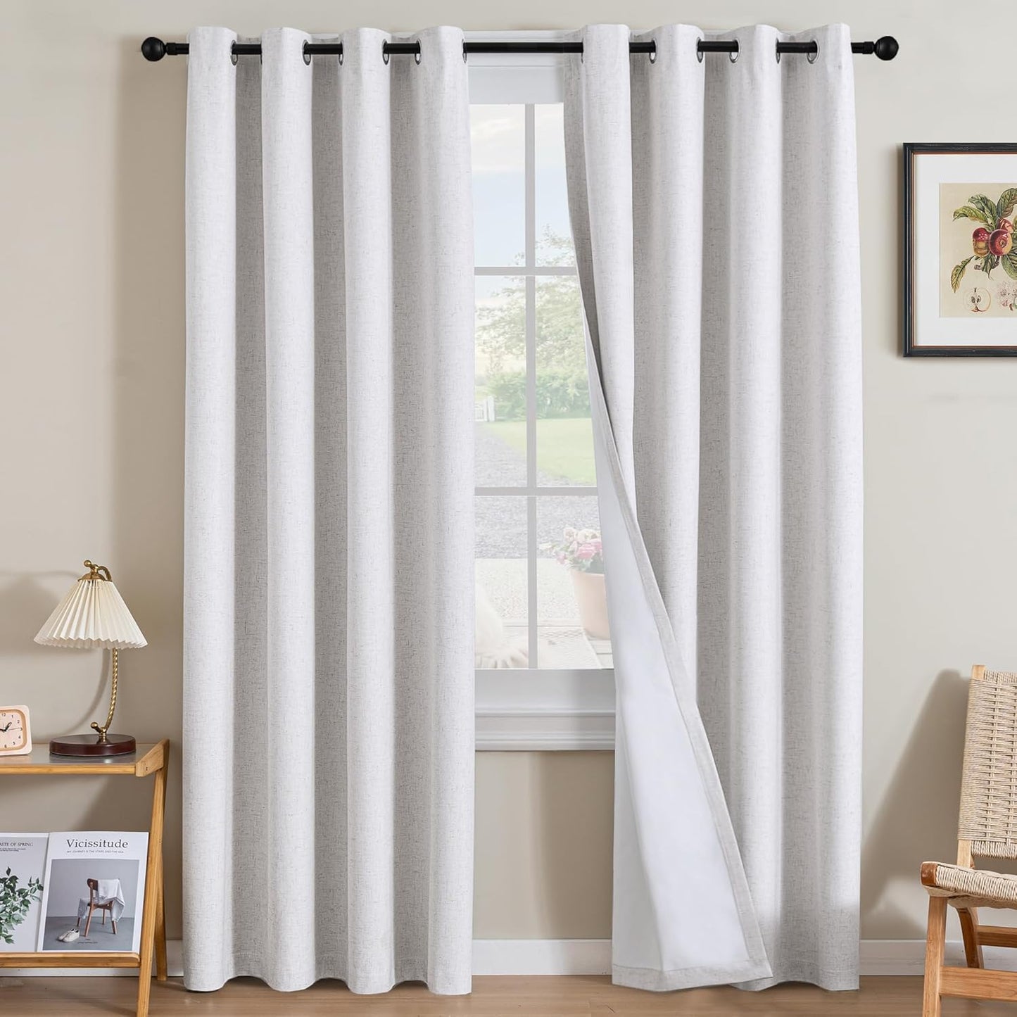 H.VERSAILTEX Linen Blackout Curtains 45 Inches Long 100% Blackout Thermal Insulated Textured Linen Look Curtain Draperies Anti-Rust Grommet, Energy Saving with White Liner, 2 Panels, Natural