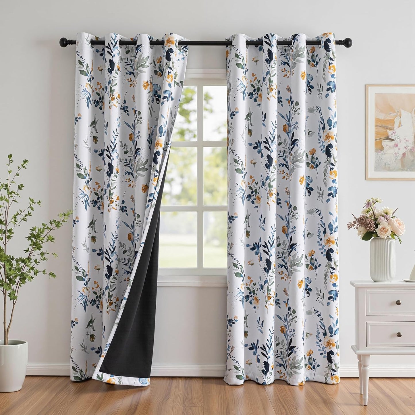 MYSKY HOME Kitchen Curtains 45 inch Length Floral Blackout Curtains Thermal Insulated Room Darkening Curtains Grommet Top 2 Panels for Bedroom Bathroom Dormer Window, Yellow and Blue