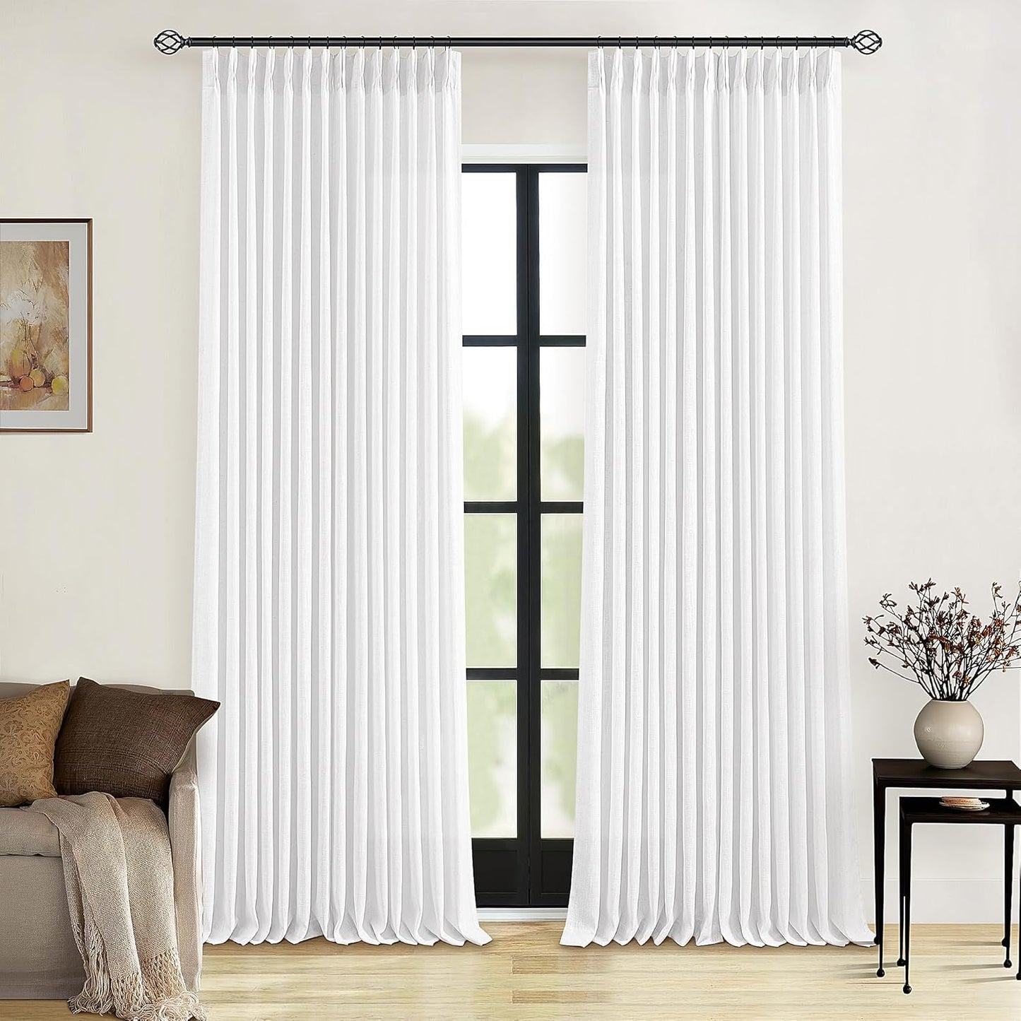 Natural Linen Kitchen Curtains 45 Inches Long 2 Sets Basement Curtains for Small Window Cream Ivory Pinch Pleated Back Tab Linen Blend Short Boho Semi Sheer Back Tab Drapes for Bay Windows 40x45