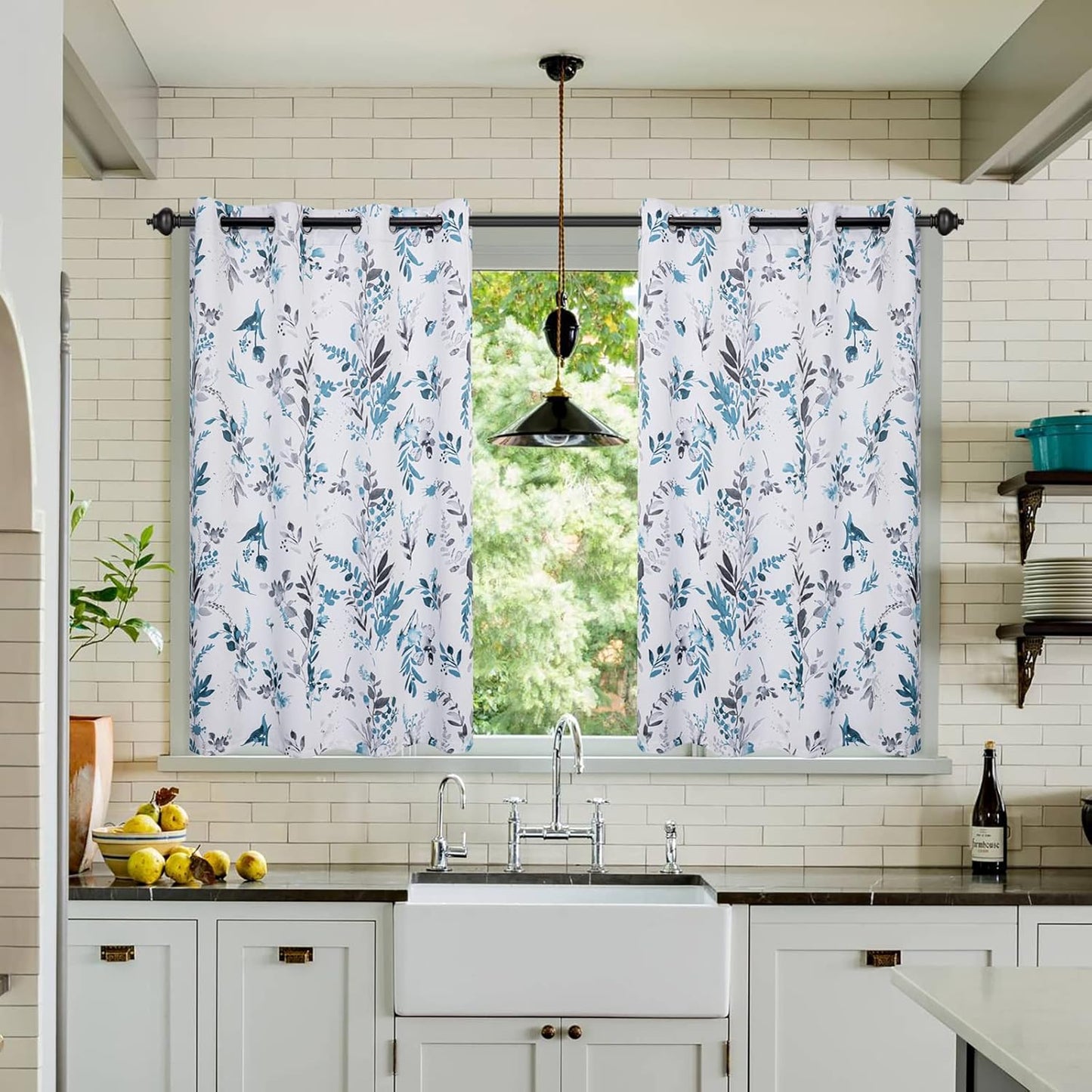 MYSKY HOME Kitchen Curtains 45 inch Length Floral Blackout Curtains Thermal Insulated Room Darkening Curtains Grommet Top 2 Panels for Bedroom Bathroom Dormer Window, Yellow and Blue