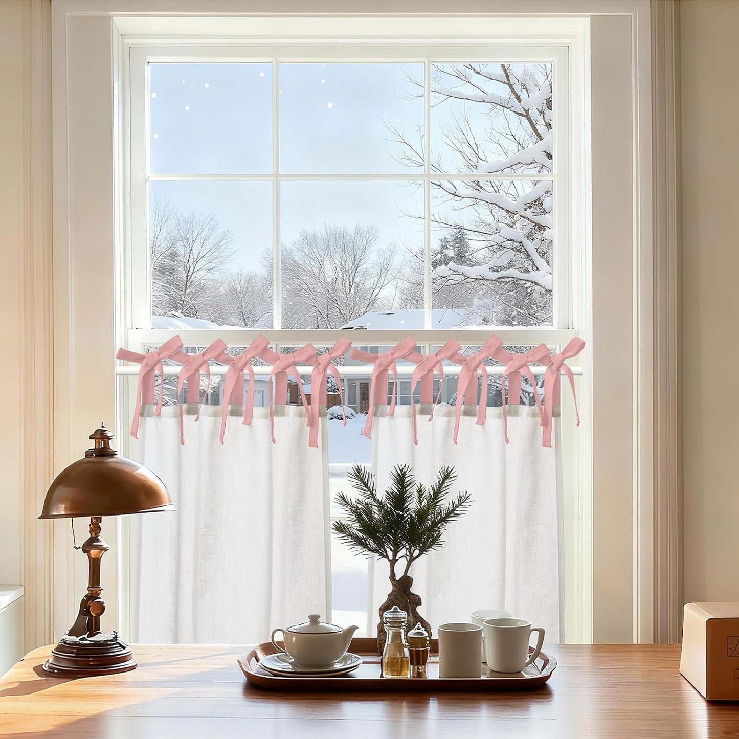 jinchan Floral Linen Tier Curtains 36 Inch Farmhouse Cafe Curtains Tie Top Botanic Drapes for Small Windows Over Sink for Kitchen Country Rustic Laundry Room Bathroom RV 2 Panels Black on Beige