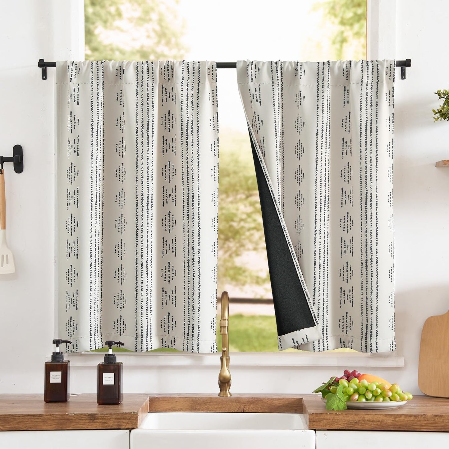 jinchan 95% Blackout Boho Kitchen Curtains 36 Inches Cafe Tier Curtains Bohemian Small Drapes for Bedroom RV Basement Half Window Room Darkening Thermal Insulated 2 Panels Blue on Beige