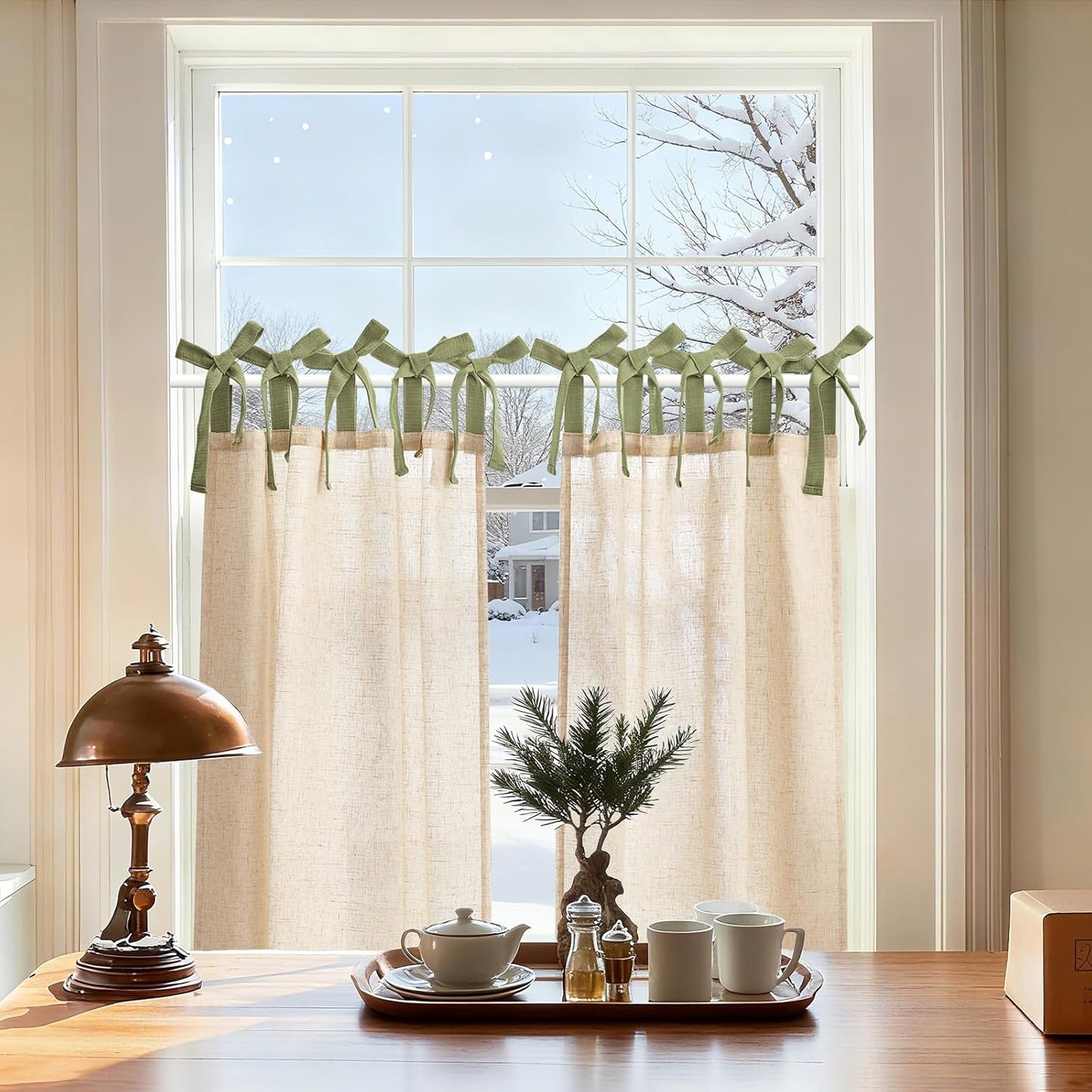 jinchan Floral Linen Tier Curtains 36 Inch Farmhouse Cafe Curtains Tie Top Botanic Drapes for Small Windows Over Sink for Kitchen Country Rustic Laundry Room Bathroom RV 2 Panels Black on Beige