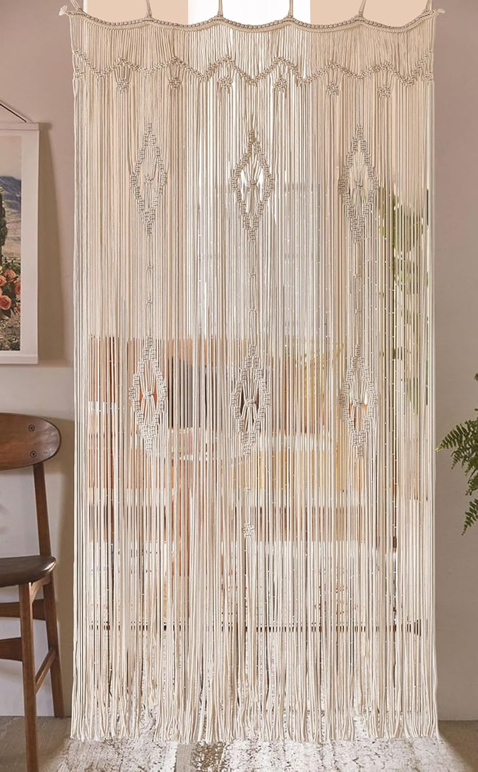 Macrame Curtain Long Cotton Window Panel Boho Curtains for Bedroom Wedding Backdrop Room Divider Doorway Closet Apartment 35''W x 70''L