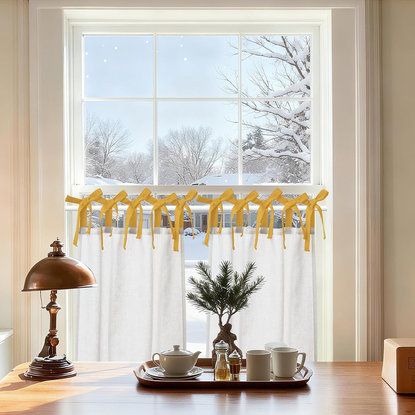 jinchan Floral Linen Tier Curtains 36 Inch Farmhouse Cafe Curtains Tie Top Botanic Drapes for Small Windows Over Sink for Kitchen Country Rustic Laundry Room Bathroom RV 2 Panels Black on Beige