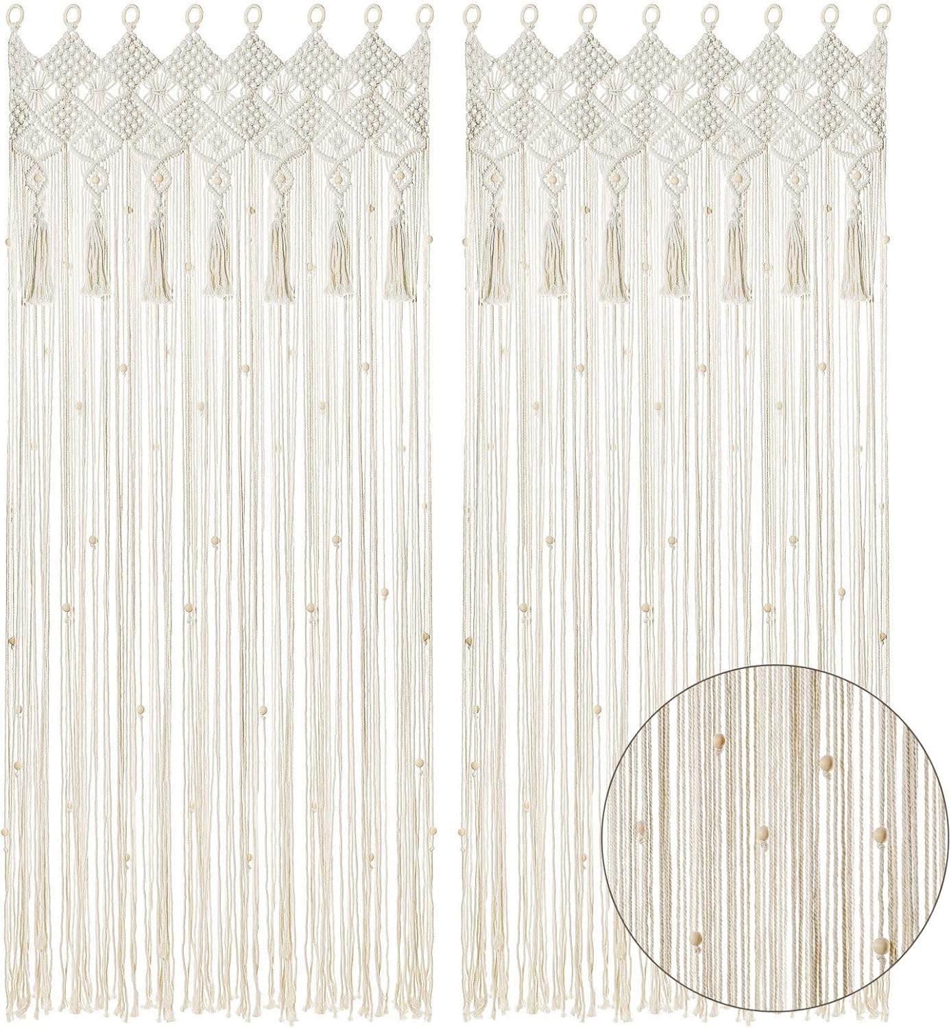 BECHAEO Boho Macrame Beaded Curtain Handmade Door String Curtain for Doorway Window Cotton Tassels Beads Hanging Hippie Room Divider Hallway Closet Bedroom Living Room Decor, 1 Panel 79" L x 35" W
