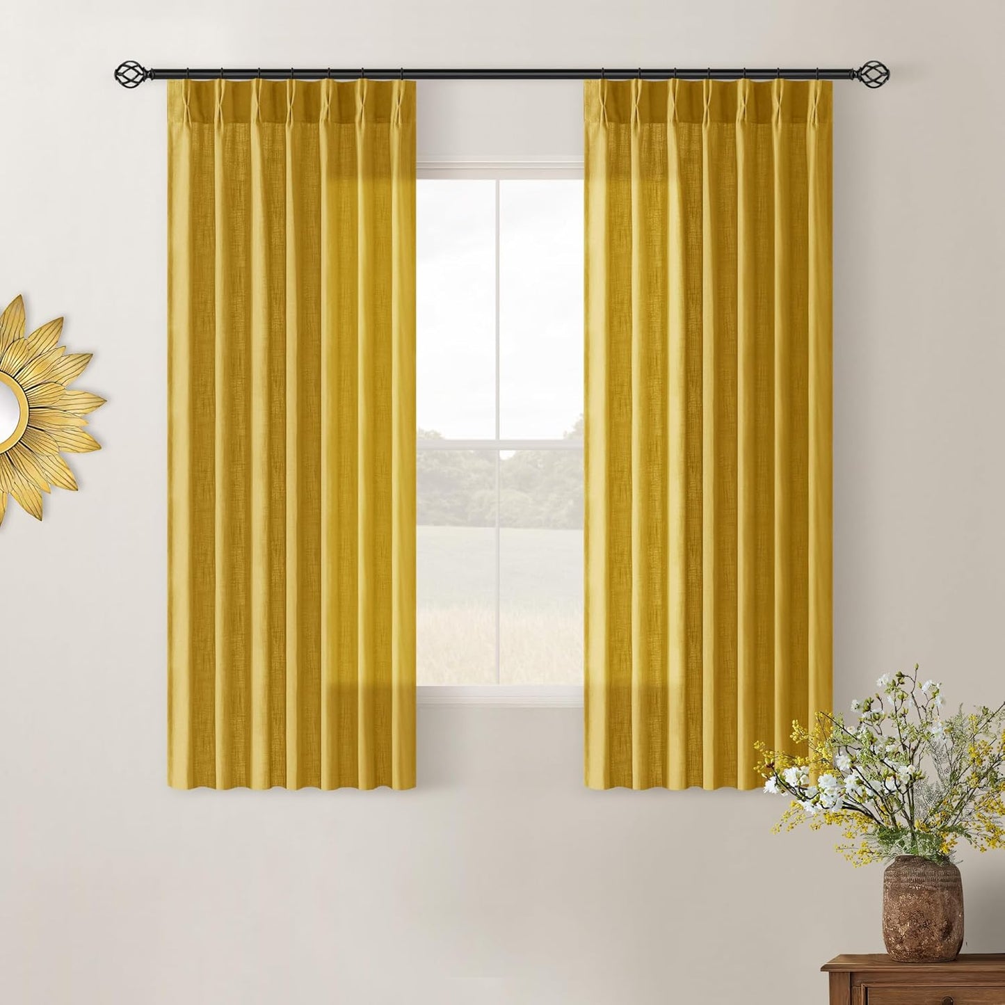 Natural Linen Kitchen Curtains 45 Inches Long 2 Sets Basement Curtains for Small Window Cream Ivory Pinch Pleated Back Tab Linen Blend Short Boho Semi Sheer Back Tab Drapes for Bay Windows 40x45