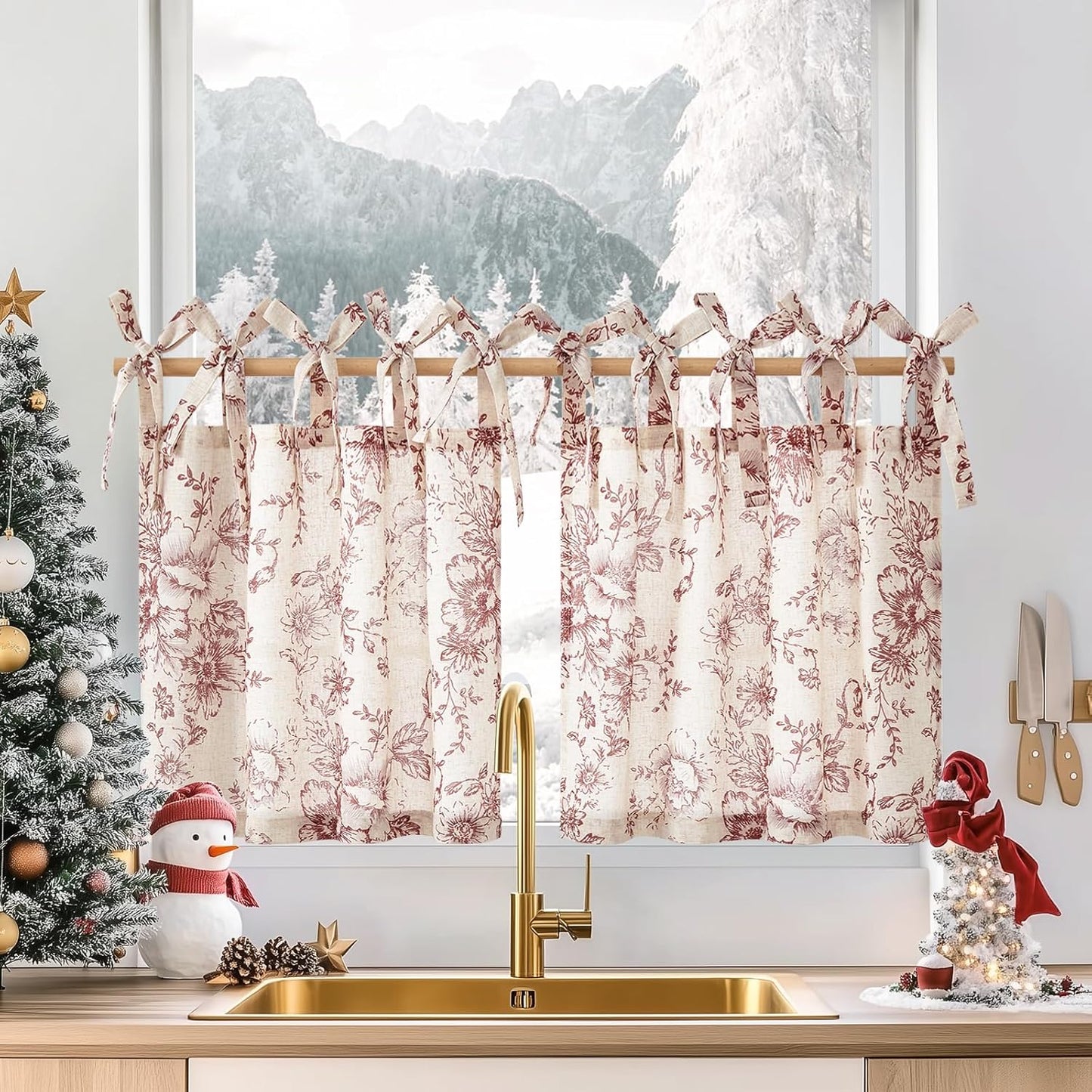 jinchan Floral Linen Tier Curtains 36 Inch Farmhouse Cafe Curtains Tie Top Botanic Drapes for Small Windows Over Sink for Kitchen Country Rustic Laundry Room Bathroom RV 2 Panels Black on Beige