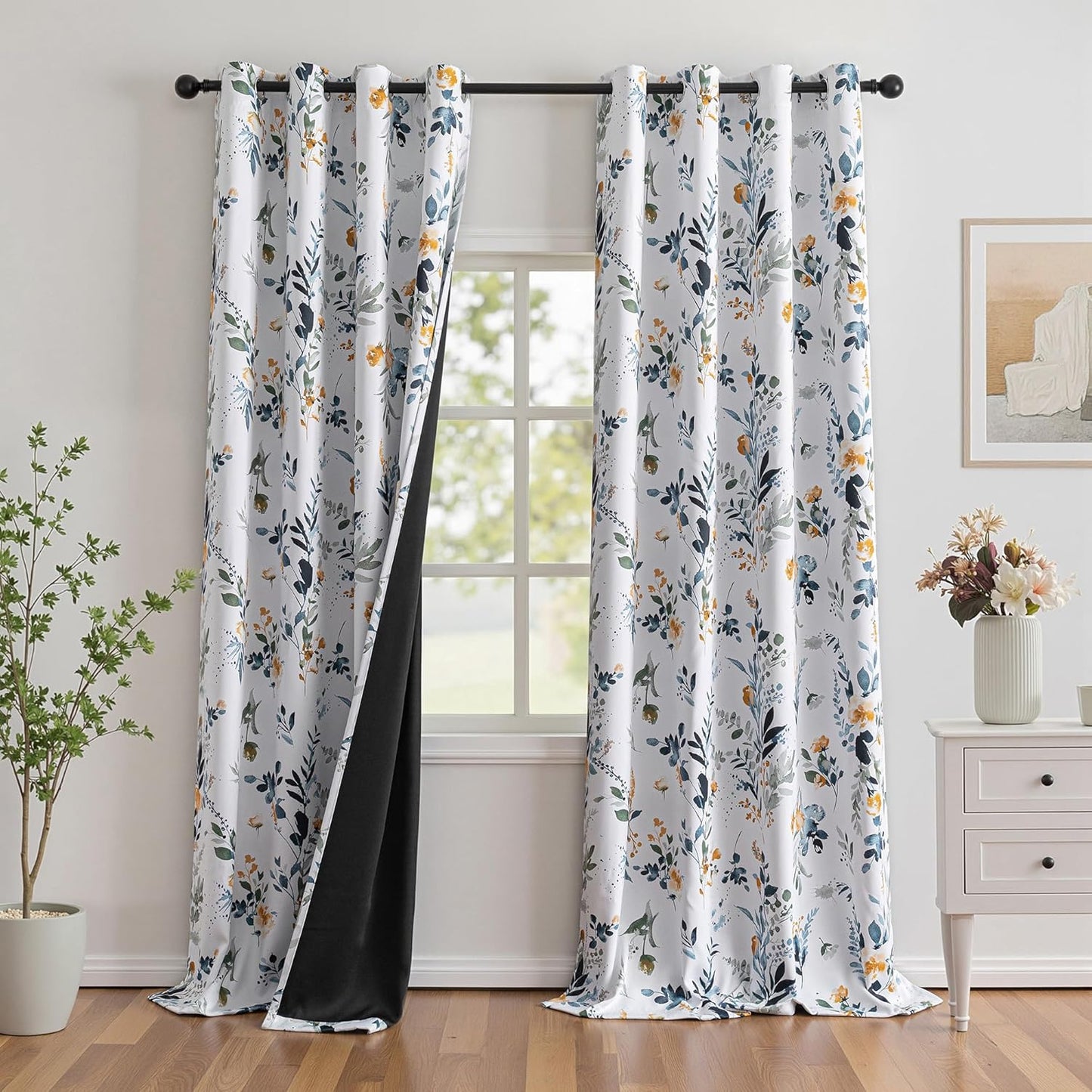 MYSKY HOME Kitchen Curtains 45 inch Length Floral Blackout Curtains Thermal Insulated Room Darkening Curtains Grommet Top 2 Panels for Bedroom Bathroom Dormer Window, Yellow and Blue