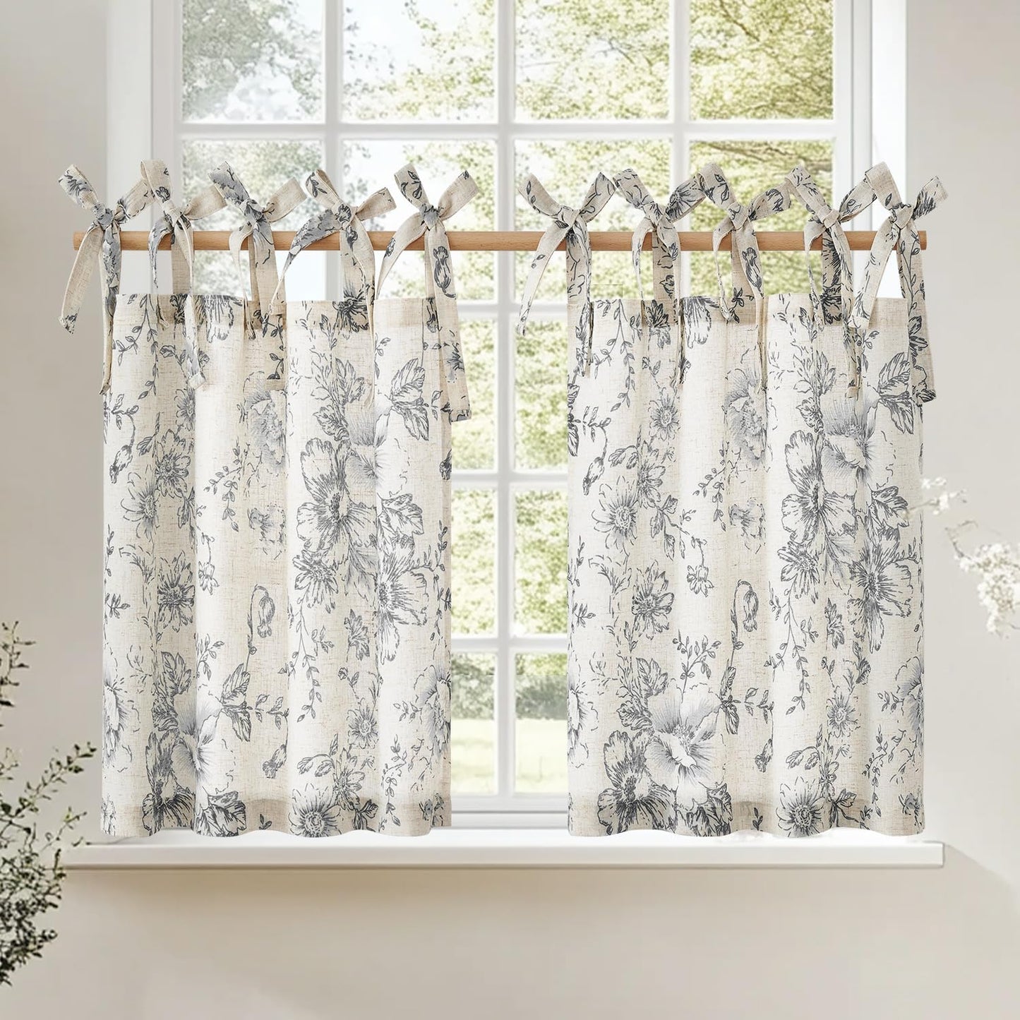 jinchan Floral Linen Tier Curtains 36 Inch Farmhouse Cafe Curtains Tie Top Botanic Drapes for Small Windows Over Sink for Kitchen Country Rustic Laundry Room Bathroom RV 2 Panels Black on Beige
