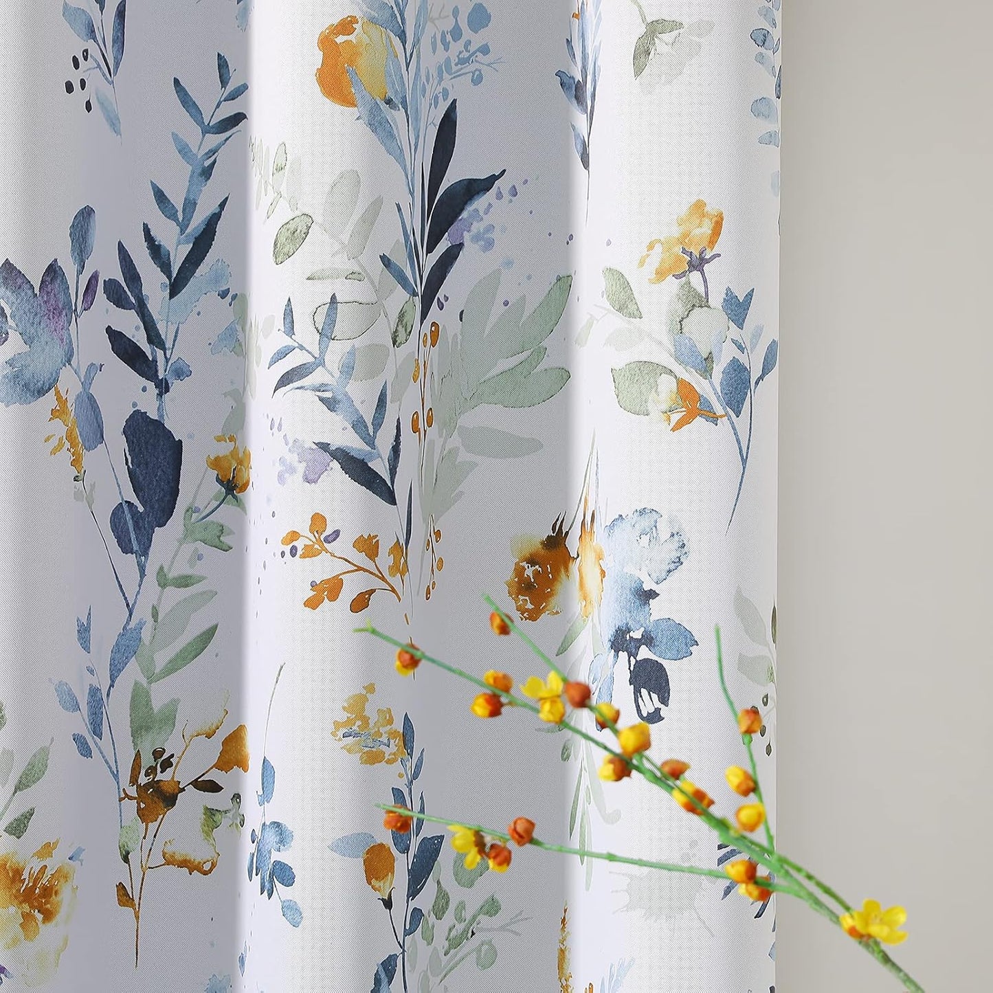 MYSKY HOME Kitchen Curtains 45 inch Length Floral Blackout Curtains Thermal Insulated Room Darkening Curtains Grommet Top 2 Panels for Bedroom Bathroom Dormer Window, Yellow and Blue