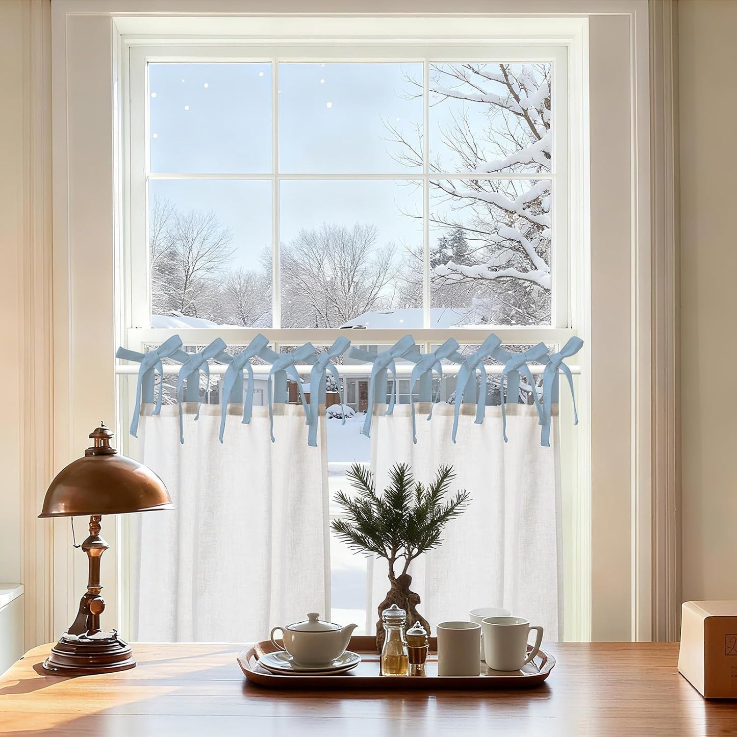 jinchan Floral Linen Tier Curtains 36 Inch Farmhouse Cafe Curtains Tie Top Botanic Drapes for Small Windows Over Sink for Kitchen Country Rustic Laundry Room Bathroom RV 2 Panels Black on Beige