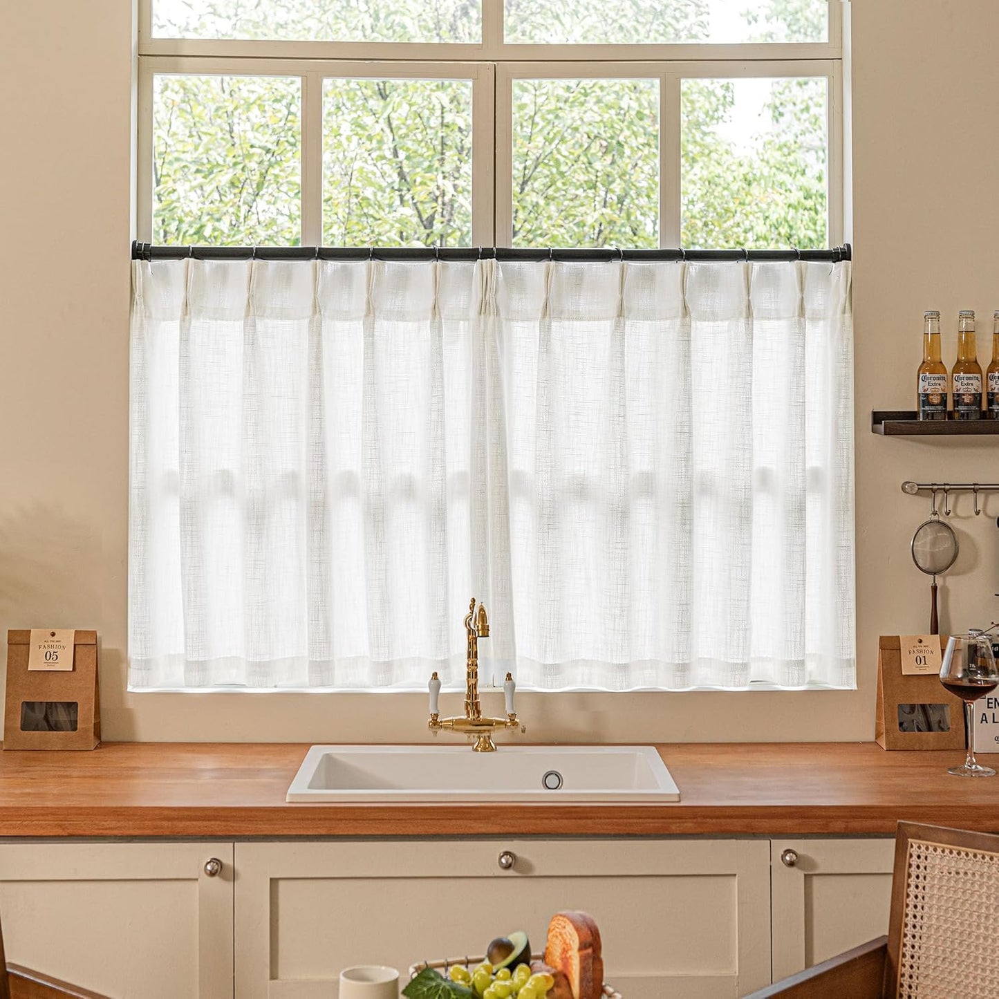 Natural Linen Kitchen Curtains 45 Inches Long 2 Sets Basement Curtains for Small Window Cream Ivory Pinch Pleated Back Tab Linen Blend Short Boho Semi Sheer Back Tab Drapes for Bay Windows 40x45