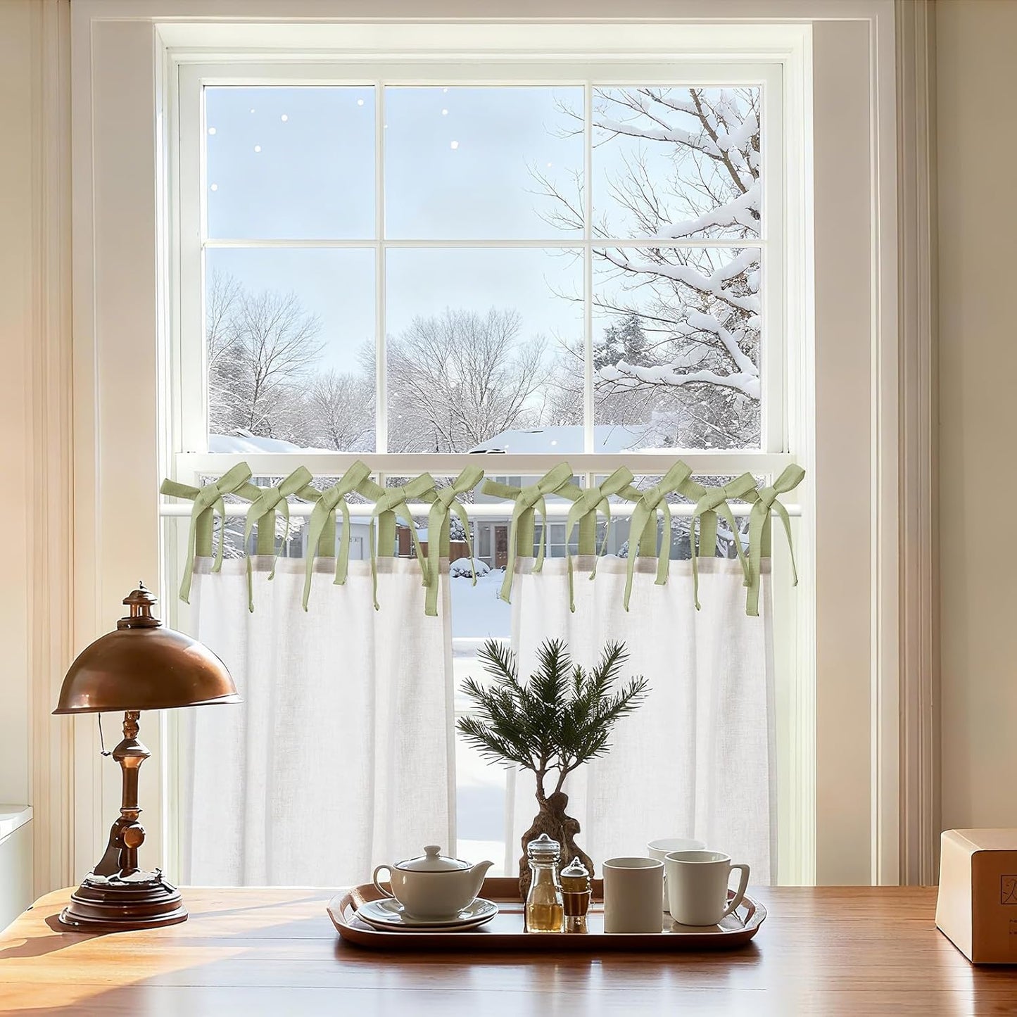 jinchan Floral Linen Tier Curtains 36 Inch Farmhouse Cafe Curtains Tie Top Botanic Drapes for Small Windows Over Sink for Kitchen Country Rustic Laundry Room Bathroom RV 2 Panels Black on Beige