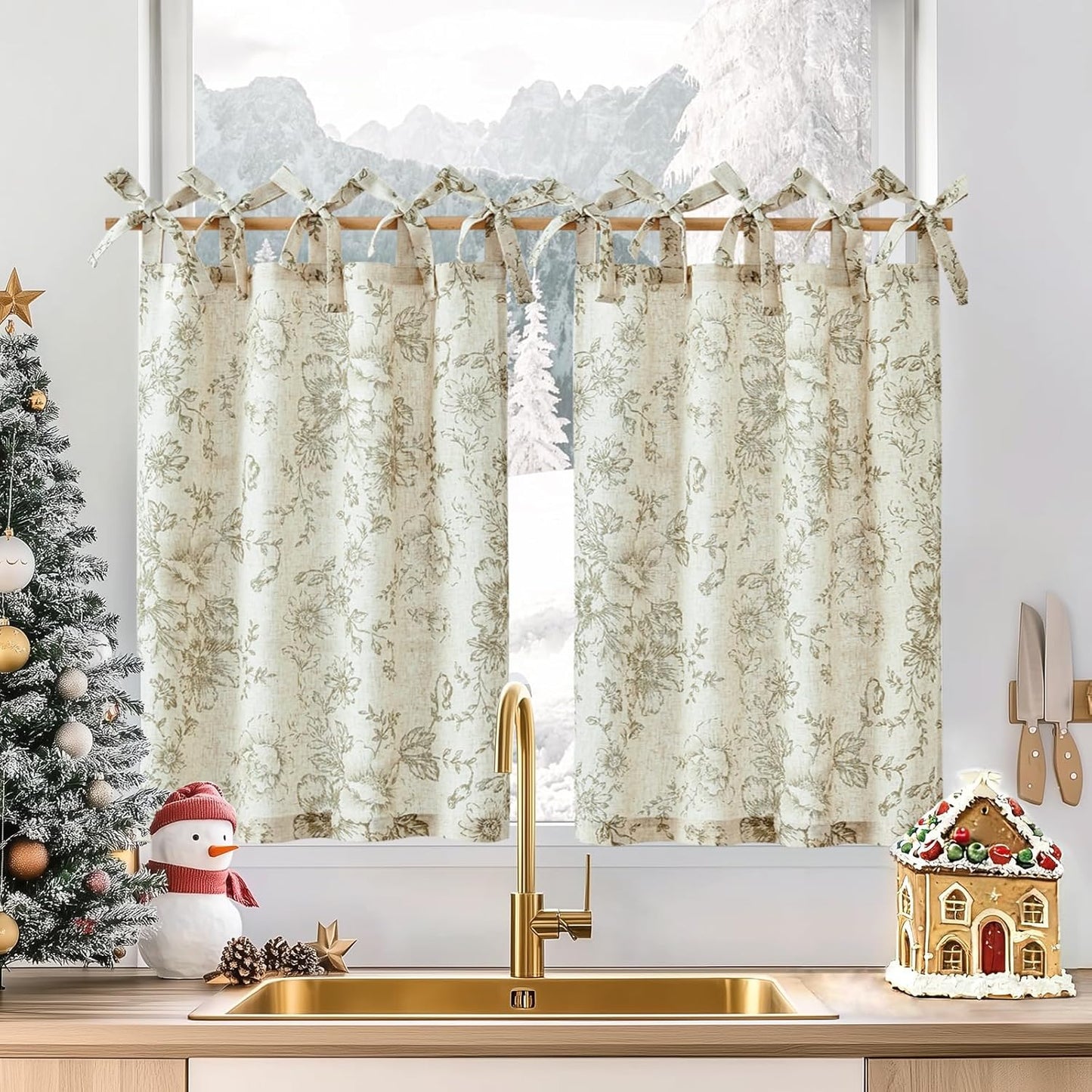 jinchan Floral Linen Tier Curtains 36 Inch Farmhouse Cafe Curtains Tie Top Botanic Drapes for Small Windows Over Sink for Kitchen Country Rustic Laundry Room Bathroom RV 2 Panels Black on Beige