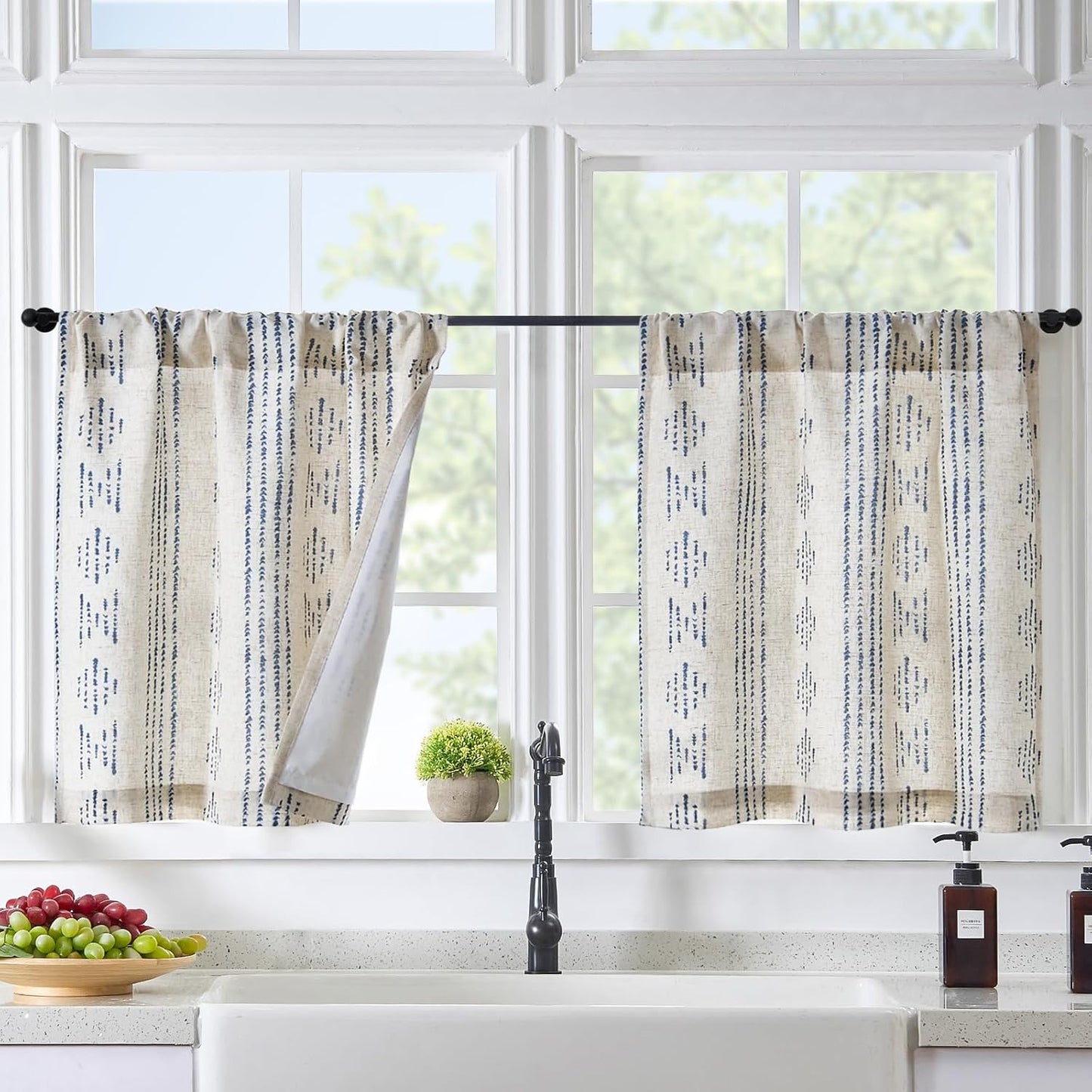 jinchan 95% Blackout Boho Kitchen Curtains 36 Inches Cafe Tier Curtains Bohemian Small Drapes for Bedroom RV Basement Half Window Room Darkening Thermal Insulated 2 Panels Blue on Beige