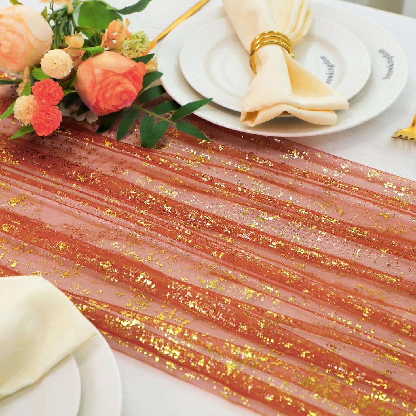 Snowkingdom 10 Pack 10ft Gold Table Runners, Sheer Chiffon Tulle Cheesecloth Sequin Glitter Metallic, Golden Centerpieces Table Decorations for Party Wedding Christmas Birthday Bridal Baby Shower