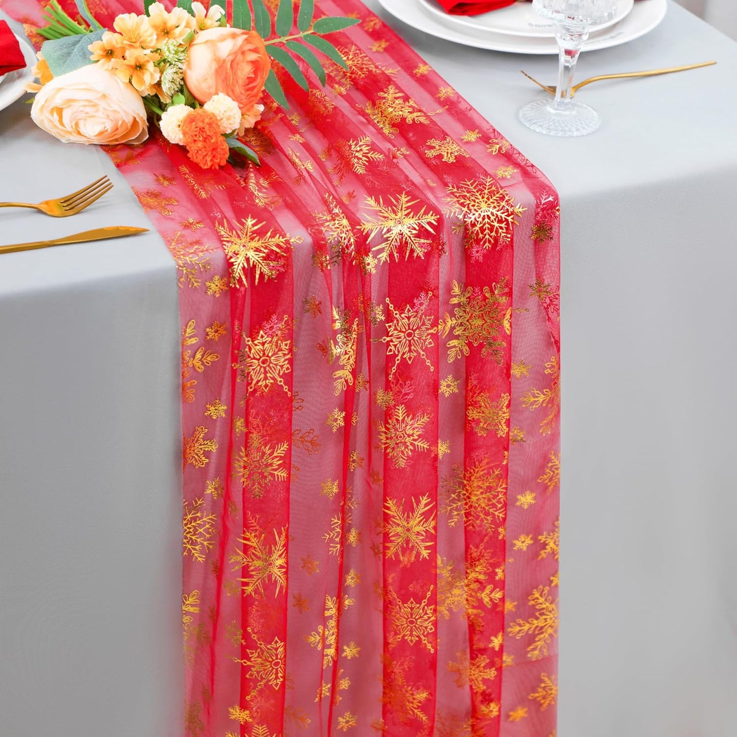 Snowkingdom 10 Pack 10ft Gold Table Runners, Sheer Chiffon Tulle Cheesecloth Sequin Glitter Metallic, Golden Centerpieces Table Decorations for Party Wedding Christmas Birthday Bridal Baby Shower