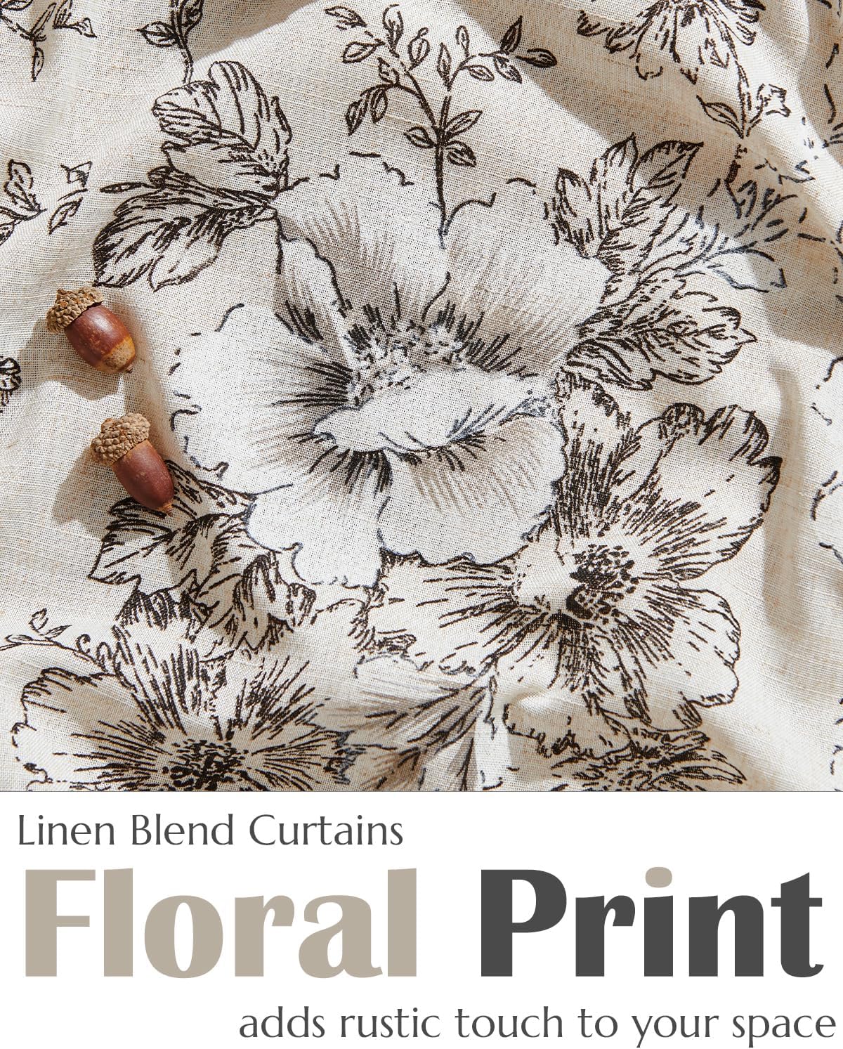 jinchan Floral Linen Tier Curtains 36 Inch Farmhouse Cafe Curtains Tie Top Botanic Drapes for Small Windows Over Sink for Kitchen Country Rustic Laundry Room Bathroom RV 2 Panels Black on Beige