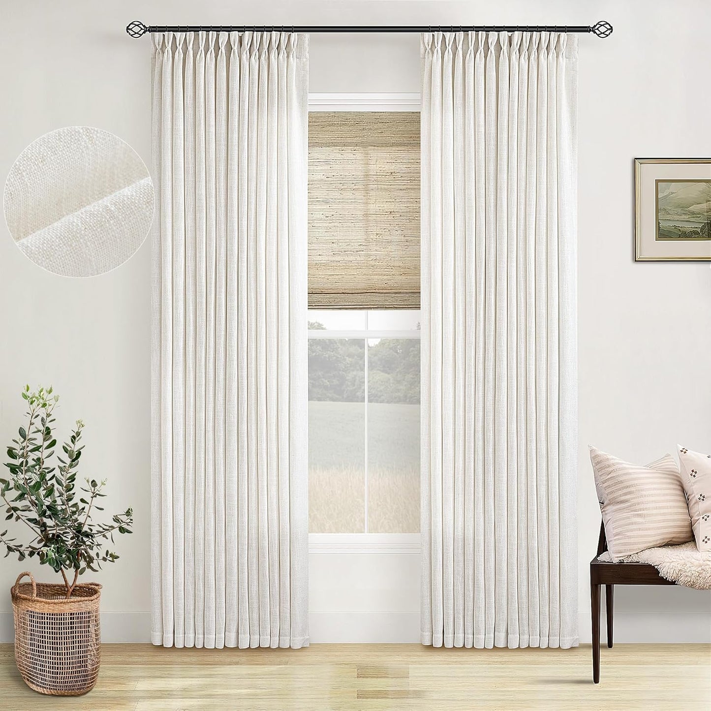 Natural Linen Kitchen Curtains 45 Inches Long 2 Sets Basement Curtains for Small Window Cream Ivory Pinch Pleated Back Tab Linen Blend Short Boho Semi Sheer Back Tab Drapes for Bay Windows 40x45