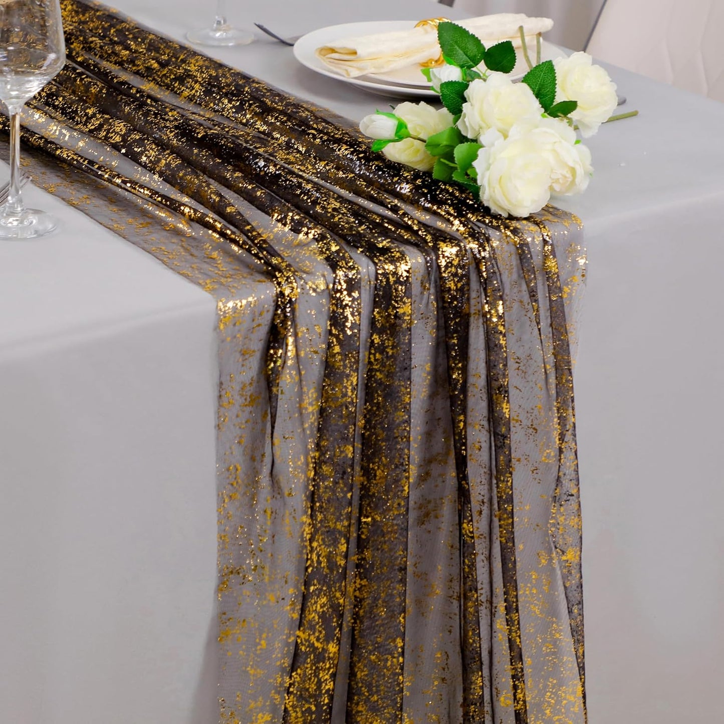 Snowkingdom 10 Pack 10ft Gold Table Runners, Sheer Chiffon Tulle Cheesecloth Sequin Glitter Metallic, Golden Centerpieces Table Decorations for Party Wedding Christmas Birthday Bridal Baby Shower