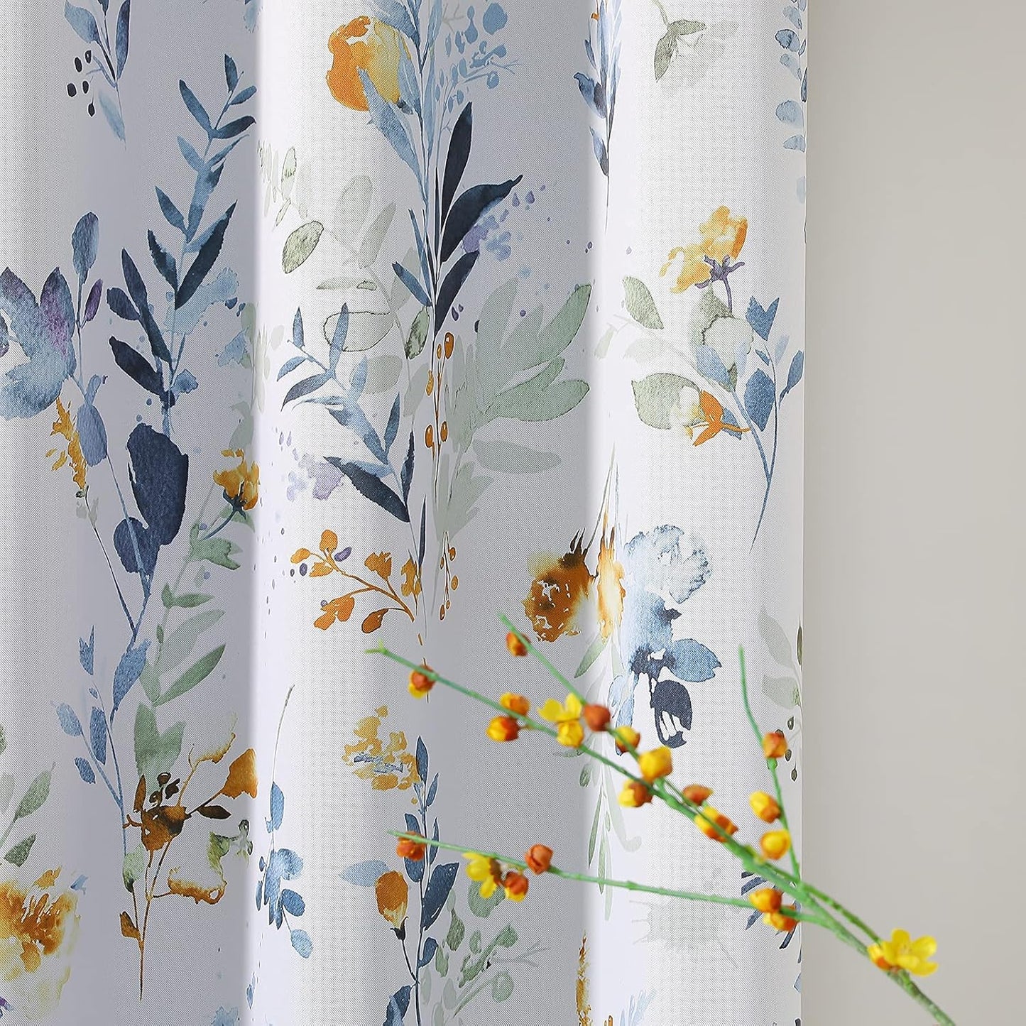 MYSKY HOME Kitchen Curtains 45 inch Length Floral Blackout Curtains Thermal Insulated Room Darkening Curtains Grommet Top 2 Panels for Bedroom Bathroom Dormer Window, Yellow and Blue